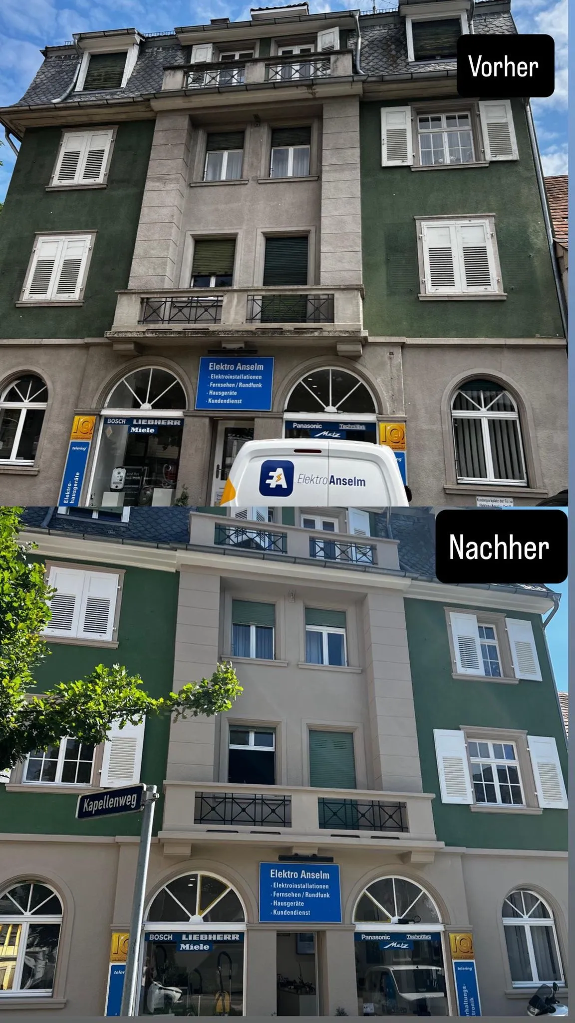 Vorher-Nachher-Vergleich einer durch EU Dienstleistungen renovierten Hausfassade.