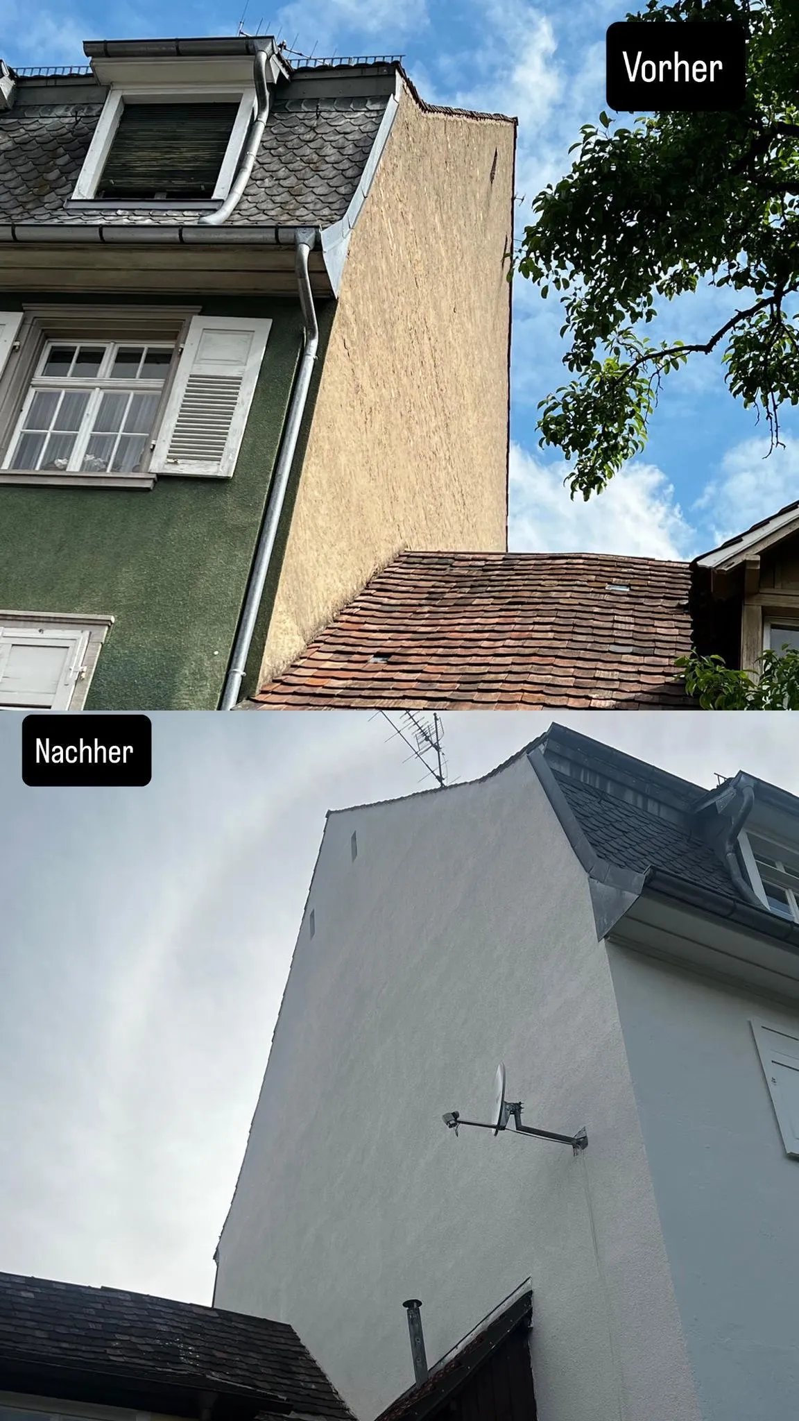 Vorher-Nachher-Vergleich einer durch EU Dienstleistungen renovierten Hausfassade.