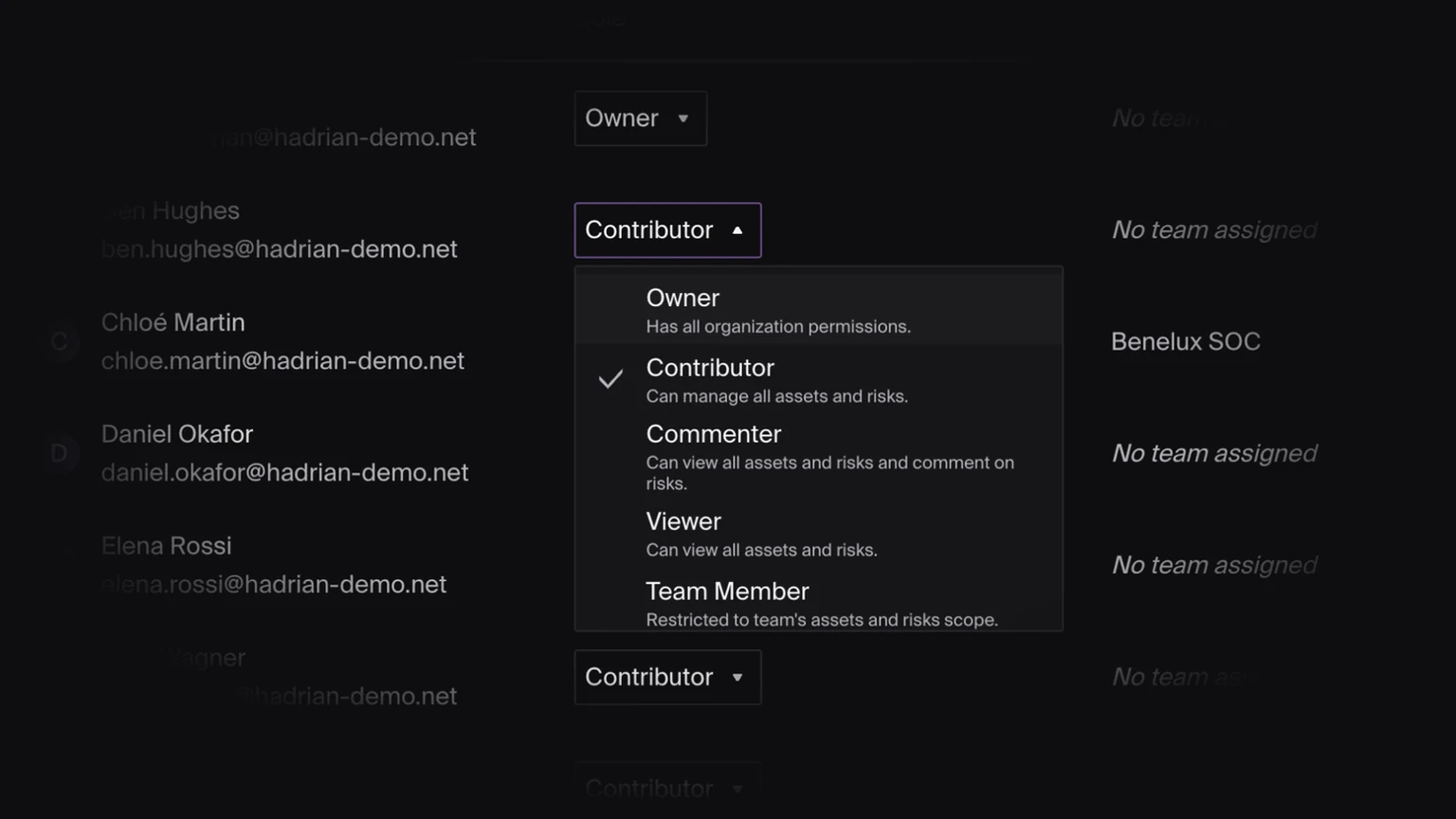 Hadrian Users page with the role menu open: Owner, Contributor, Commenter, Viewer and Team Member