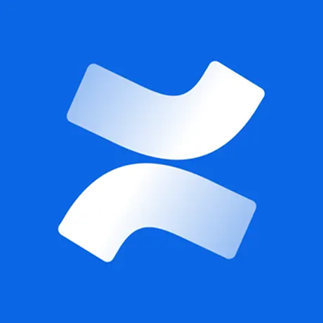 White stylized confluence symbol on a blue square background. Confluence Logo .