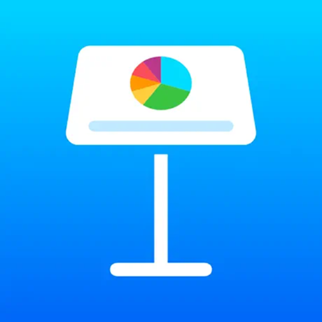 White presentation stand icon with a colorful pie chart on a blue gradient background. Keynote logo. 