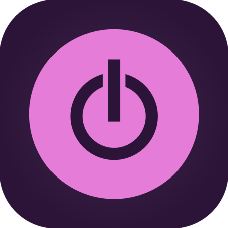 Purple power button icon with a vertical line inside a circle on a darker purple rounded square background. Toggle Track Logo. 