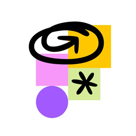 Abstract icon with a black circular arrow above colorful shapes: a yellow square, a pink square, a light green square with a black asterisk, and a purple circle. FigJam Logo 