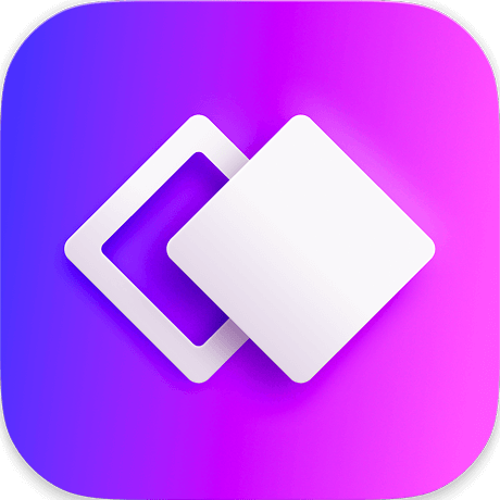White overlapping diamond shapes on a purple to pink gradient rounded square background. Whimsical logo. 