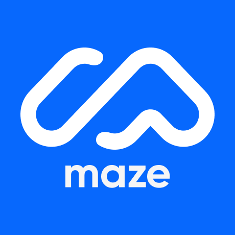 White Maze company logo with stylized letter M above the word 'maze' on a blue background. Maze logo. 