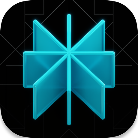Glowing blue abstract geometric star shape with eight symmetrical panels on a black background.