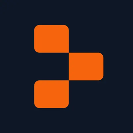 Orange abstract geometric shape with three rounded squares forming an arrow pointing right on dark background.