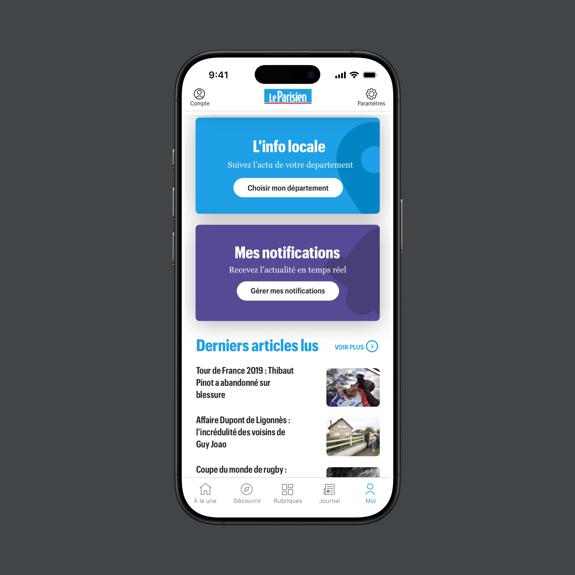 Smartphone screen displaying Le Parisien app with options to choose local news department and manage notifications, and a list of recent articles.