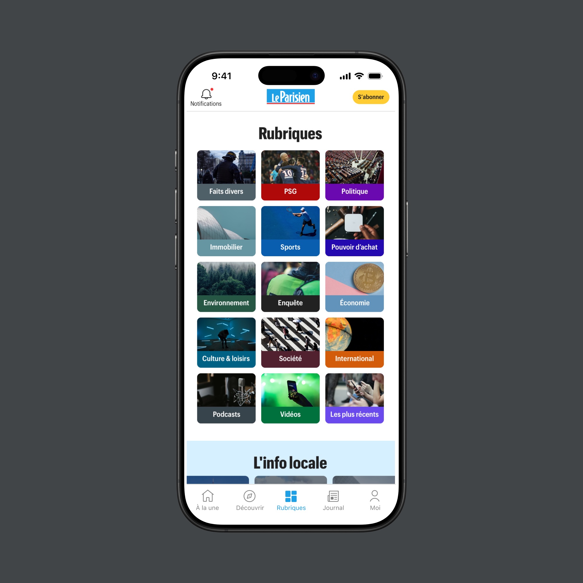 Smartphone screen showing the Le Parisien app with a grid of news categories including sports, politics, economy, culture, and videos.
