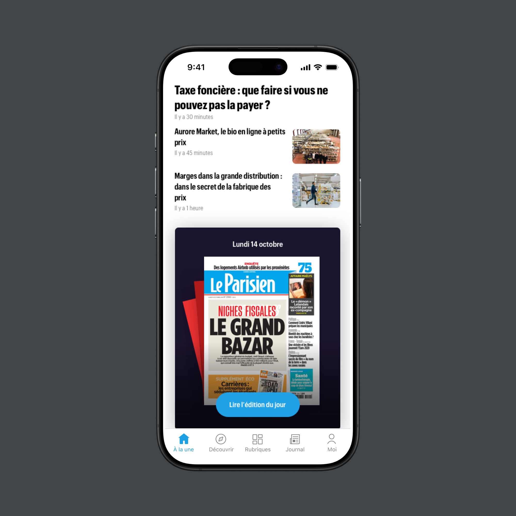 Smartphone screen showing a French news app with headlines about property tax, online organic market, and retail pricing, plus a digital edition of Le Parisien newspaper dated Monday, October 14.