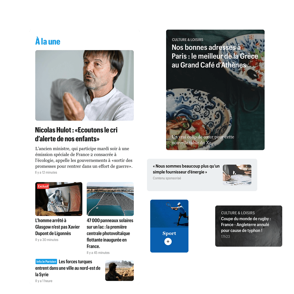 News page with a lead article featuring Nicolas Hulot discussing children's alert cries, alongside other headlines on ecology, solar panels, a Glasgow arrest, Turkish forces in Syria, Greek cuisine in Paris, an energy provider, sports, and a cancelled rugby match due to a typhoon.