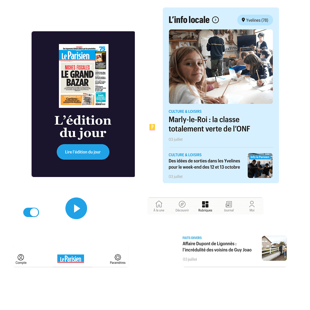 User interface of Le Parisien news app showing daily edition cover, local news with headline about Marly-le-Roi, navigation bar with sections, and account and settings buttons.