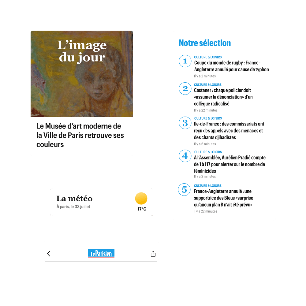 French news site snapshot showing 'Image du jour' about Paris modern art museum rediscovering colors, weather in Paris at 17°C, and top 5 culture and leisure news headlines.