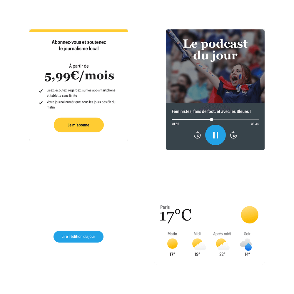 Subscription offer for local journalism at 5.99€/month, podcast titled 'Le podcast du jour' with a cheering woman, button to read today's edition, and weather forecast for Paris showing 17°C with sun and some clouds throughout the day.
