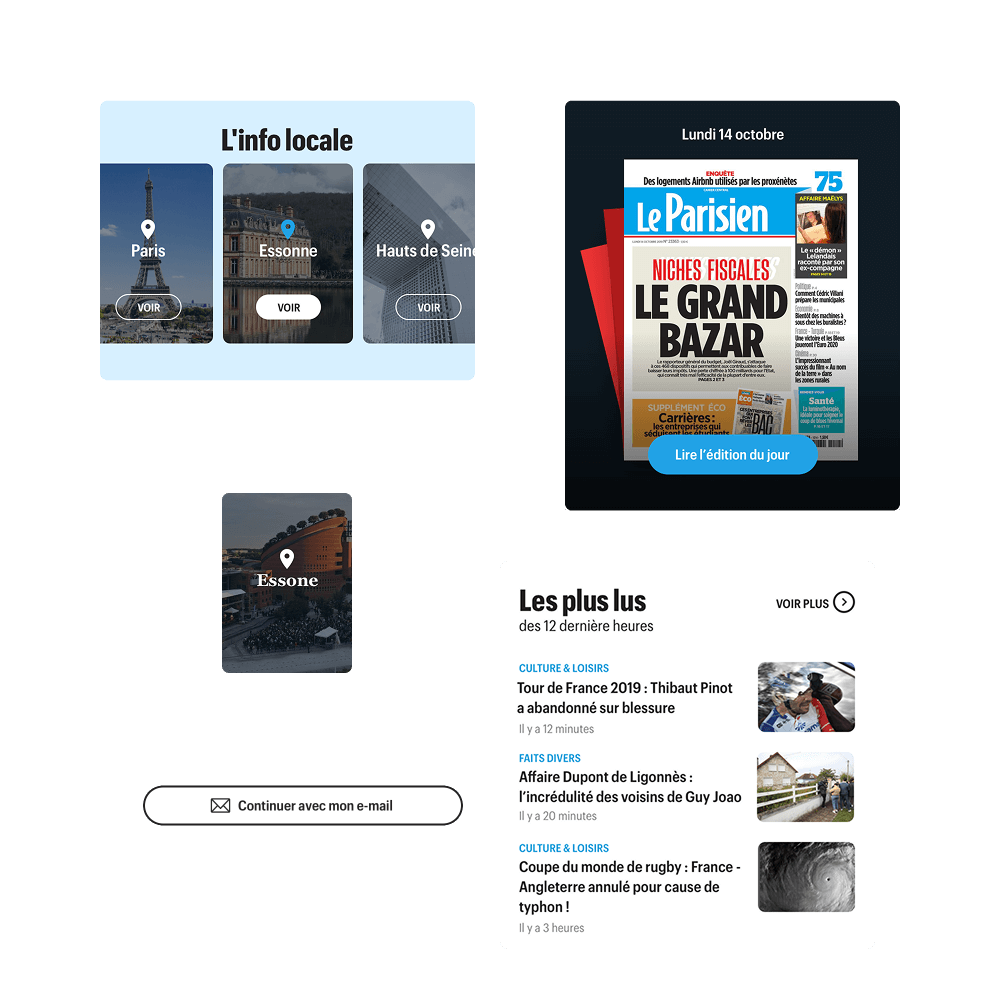 News interface showing local info cards for Paris, Essonne, and Hauts de Seine, a Le Parisien newspaper cover dated Monday October 14, popular articles including sports and current events, and an email subscription button.