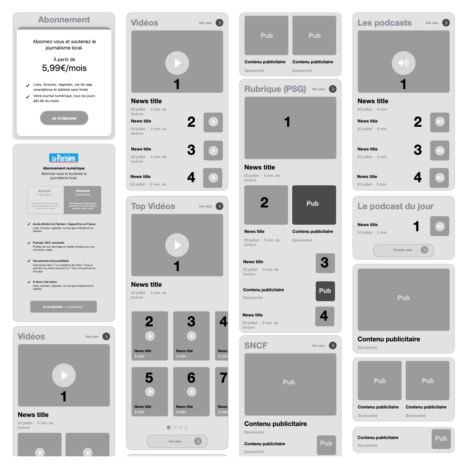 Layout of a French news website homepage showing subscription options, video sections, podcasts, sponsored content, and various news titles with play buttons and publication dates.