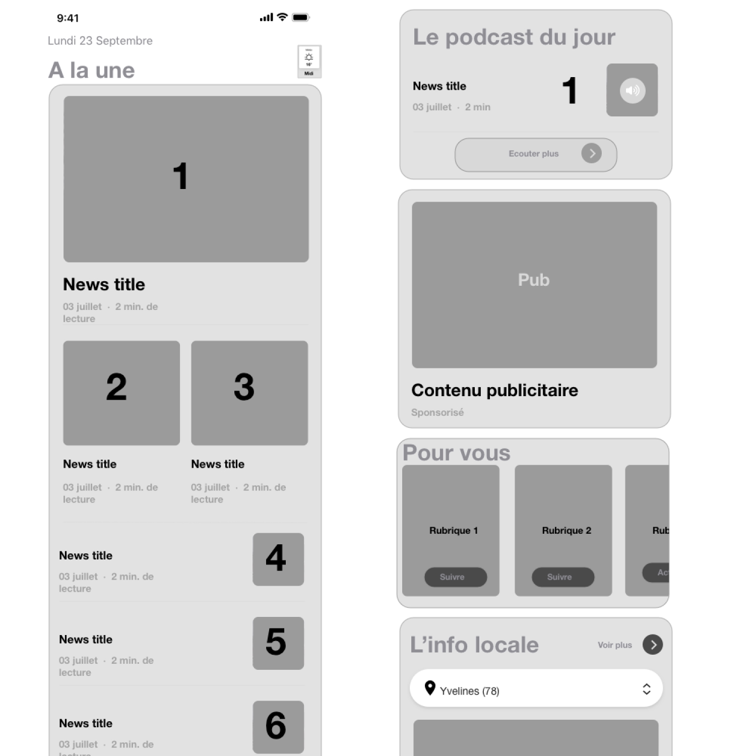 Mobile news app interface in French showing headlines, podcast of the day with play button, sponsored advertisement, personalized sections, and local info dropdown.