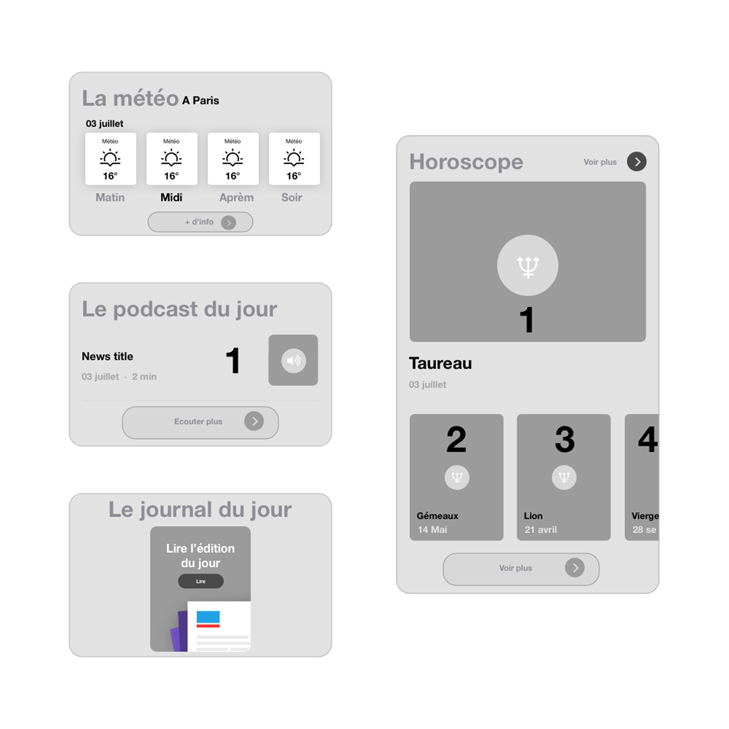 Dashboard with weather forecast in Paris for July 3 showing 16°C all day, daily podcast with title and play button, daily newspaper edition prompt, and horoscope for Taurus with related zodiac signs.
