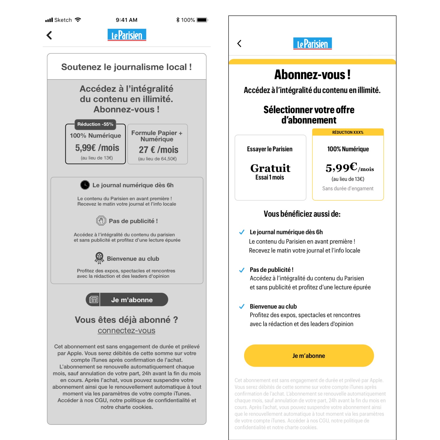 Side-by-side comparison of two subscription offer screens from Le Parisien app showing digital and paper+digital pricing, benefits like no ads and early digital access, and subscription details.