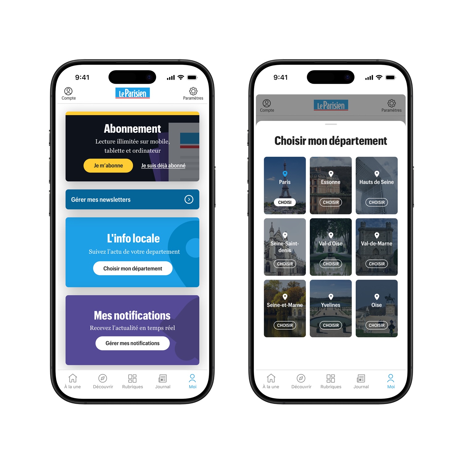 Two smartphone screens of Le Parisien app showing subscription options and local news department selection with buttons for Paris and surrounding areas.