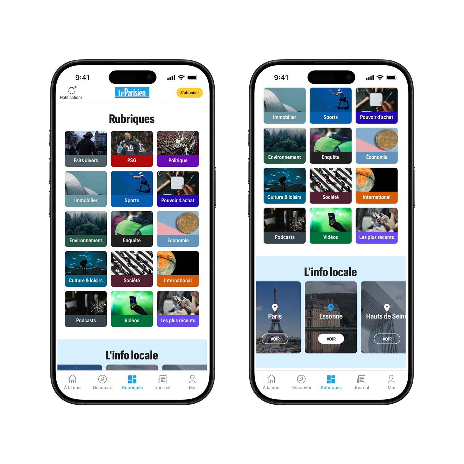Two smartphones displaying the Le Parisien app's 'Rubriques' section with colorful category buttons like Sports, Politique, Économie, and local news areas for Paris, Essonne, and Hauts de Seine.
