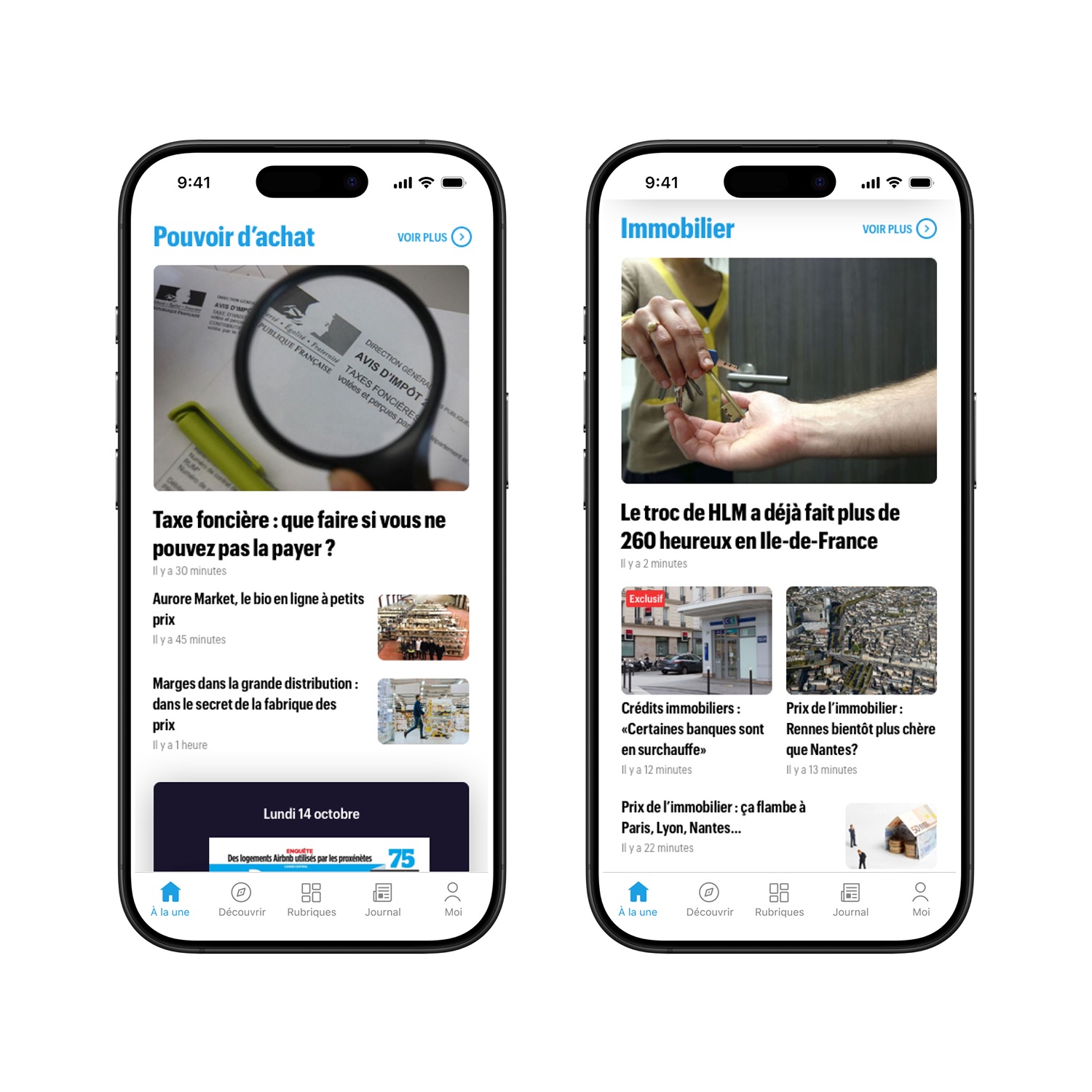 Two smartphones displaying news articles in French about purchasing power and real estate, with headlines and images of a magnifying glass on a tax notice and a key handover.