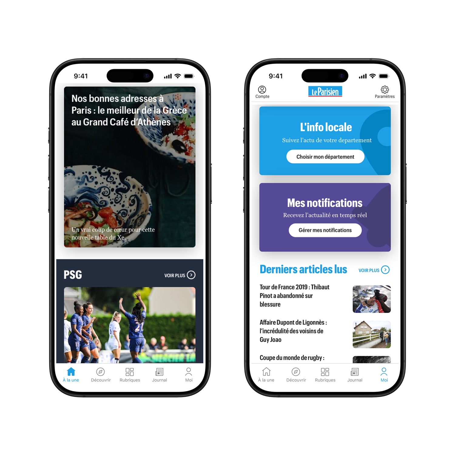 Two smartphones displaying a French news app with articles on Greek cuisine, PSG sports, local news, notifications, and recent articles.