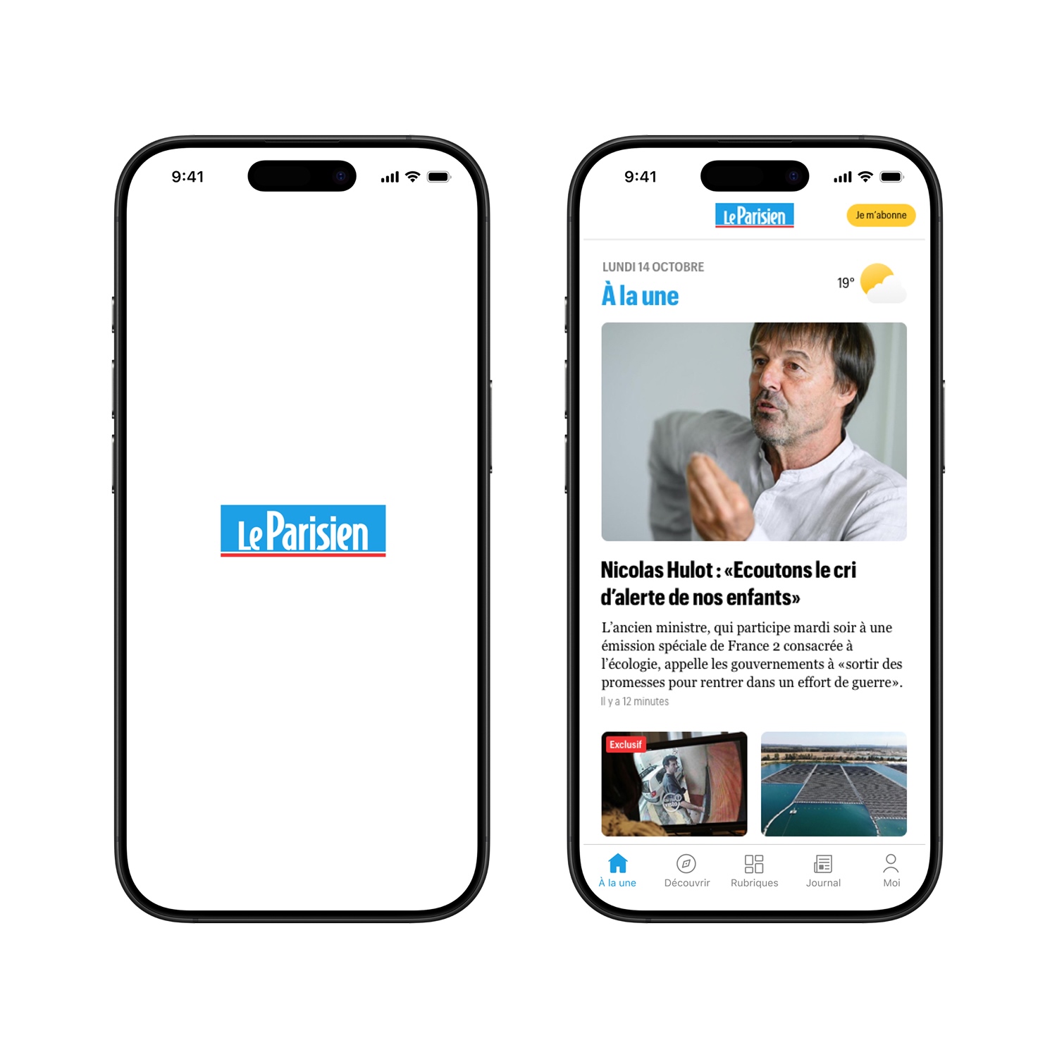 Two smartphones side by side; the left screen shows the Le Parisien logo on a white background, the right screen displays a news app with headline about Nicolas Hulot and images below.