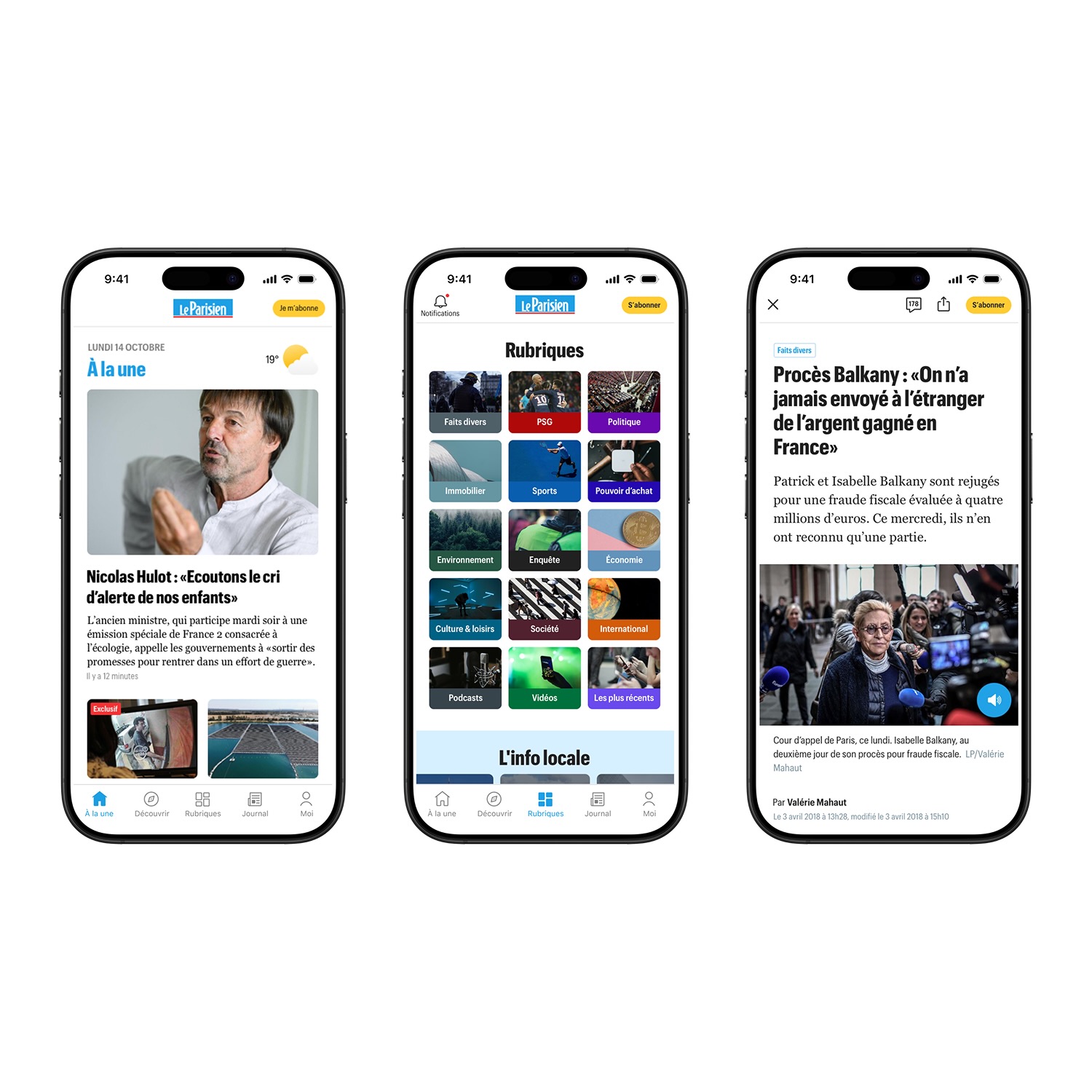 Three smartphone screens showing the Le Parisien news app: front page with headline on Nicolas Hulot, categories menu, and article on Balkany trial with photo of Isabelle Balkany.