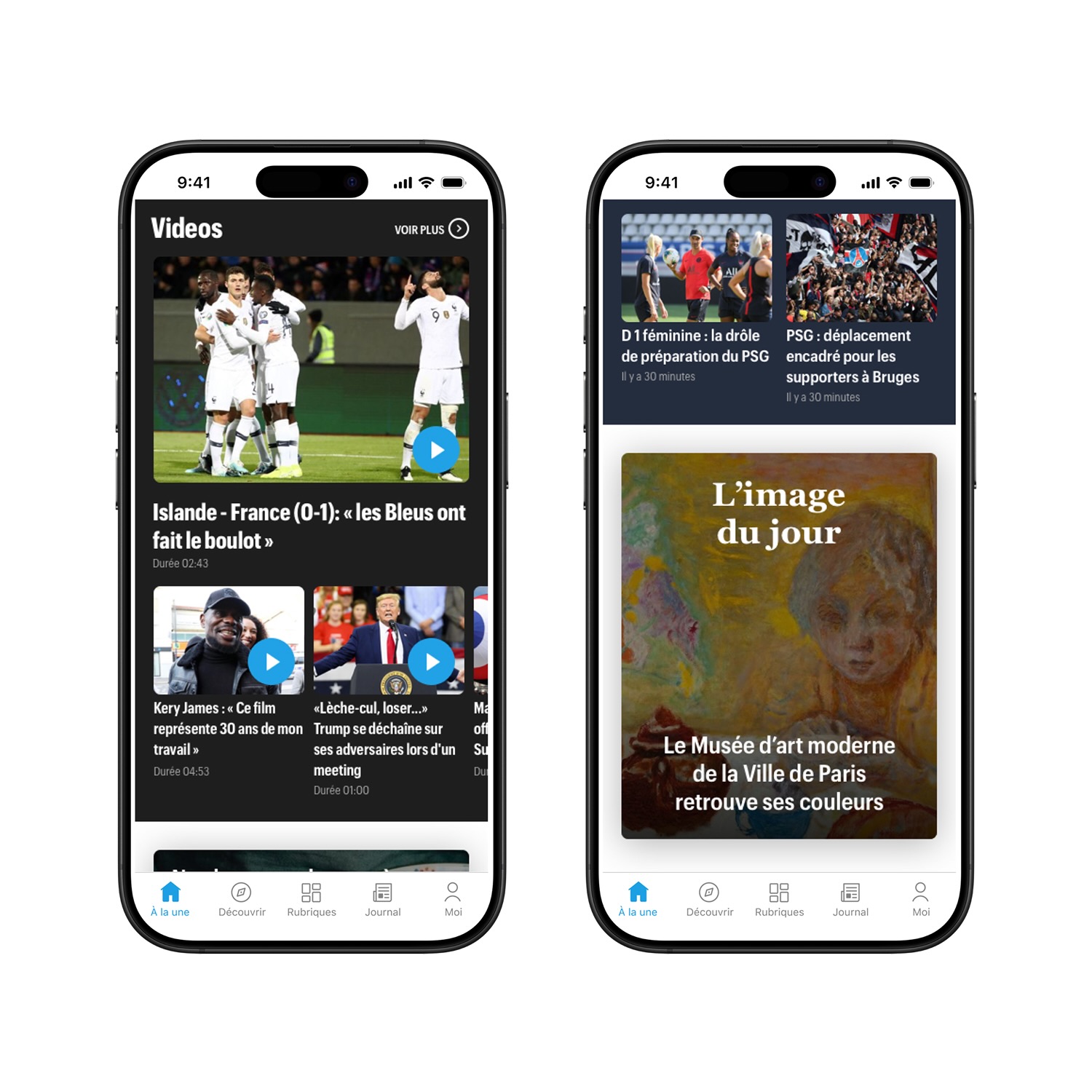 Two smartphones showing a news app with videos about football matches, political events, and an art museum color restoration feature.