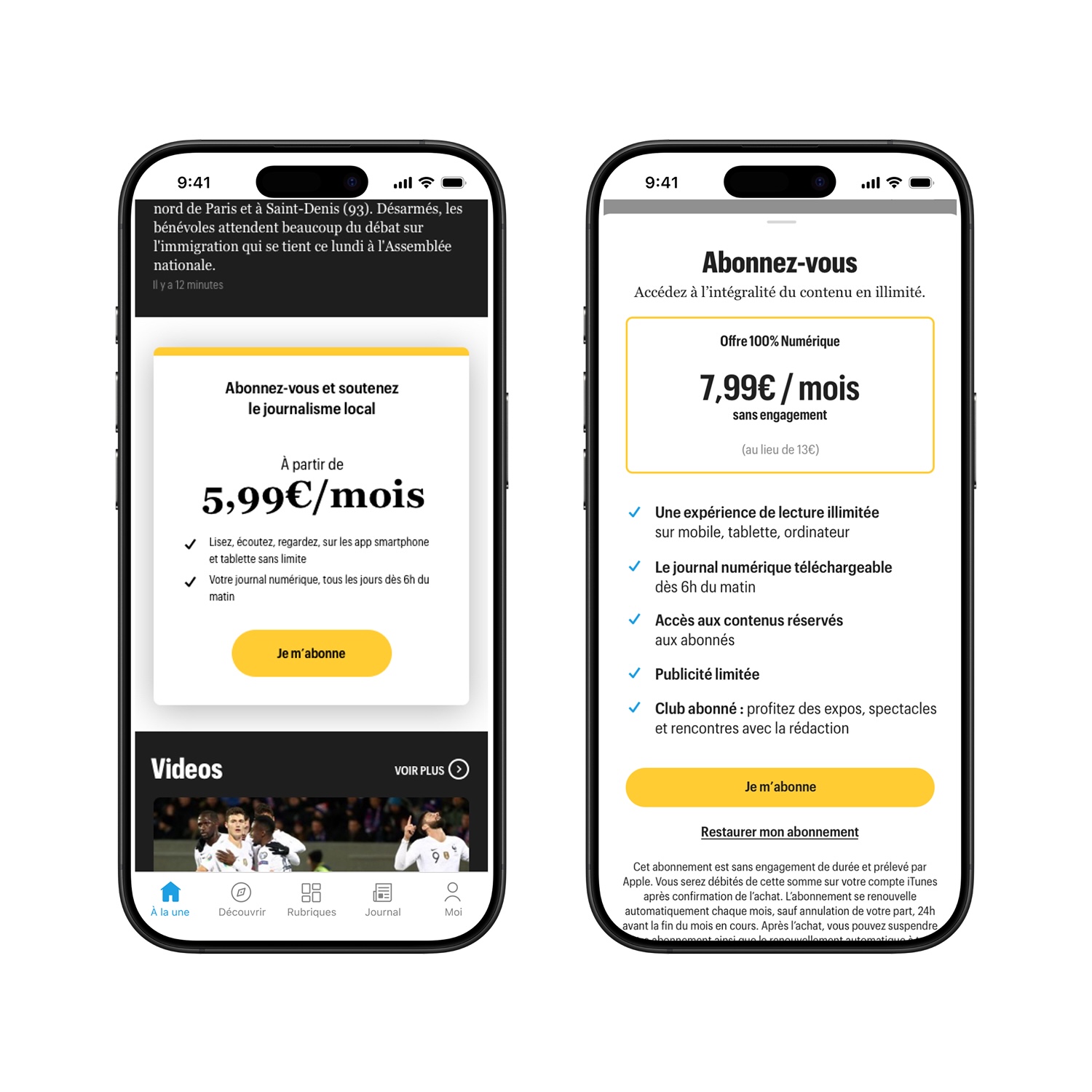 Two smartphones showing French subscription offers for digital journalism with monthly pricing and subscription benefits.
