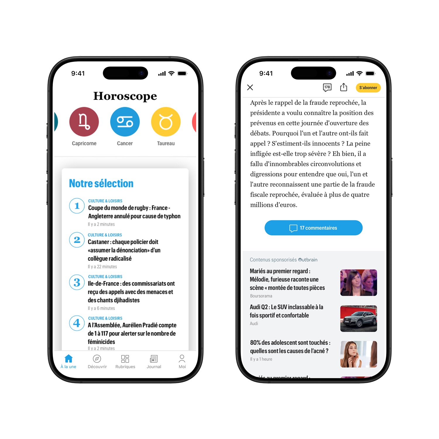 Two smartphones displaying a French news app with horoscope icons and news headlines on the left, and a detailed news article with comments and sponsored content on the right.