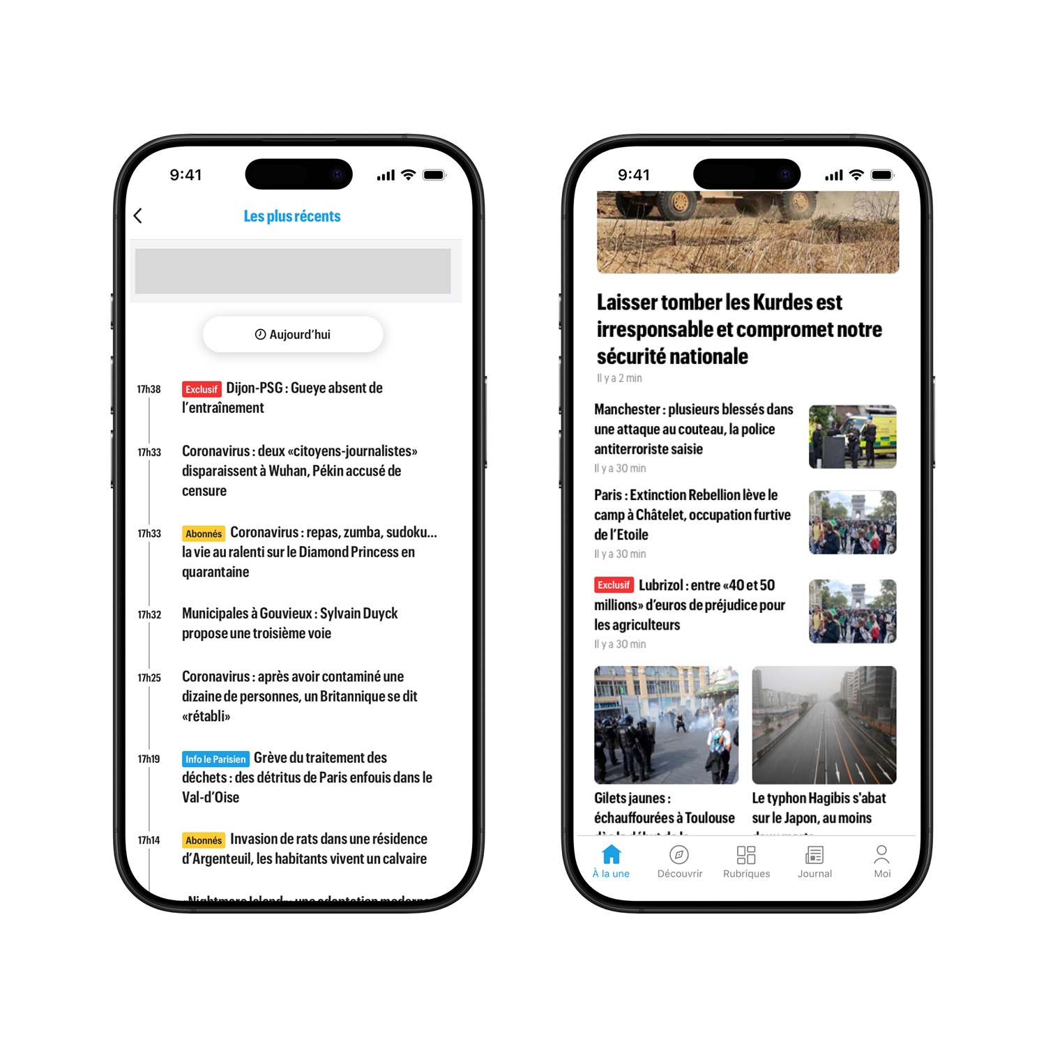 Two smartphone screens show a French news app with recent headlines including Coronavirus updates and national security concerns.