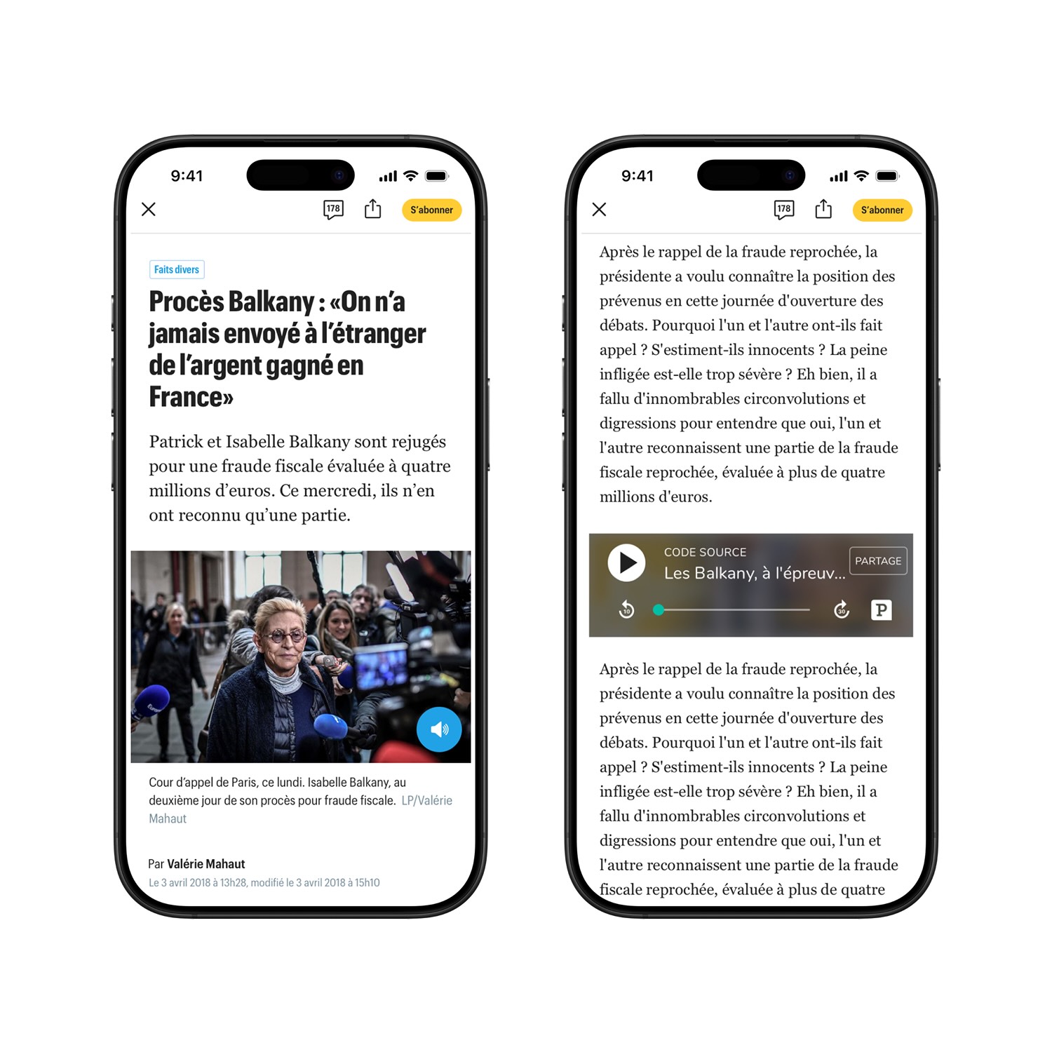 Two smartphone screens displaying a French news article about the Balkany trial and an audio player interface.