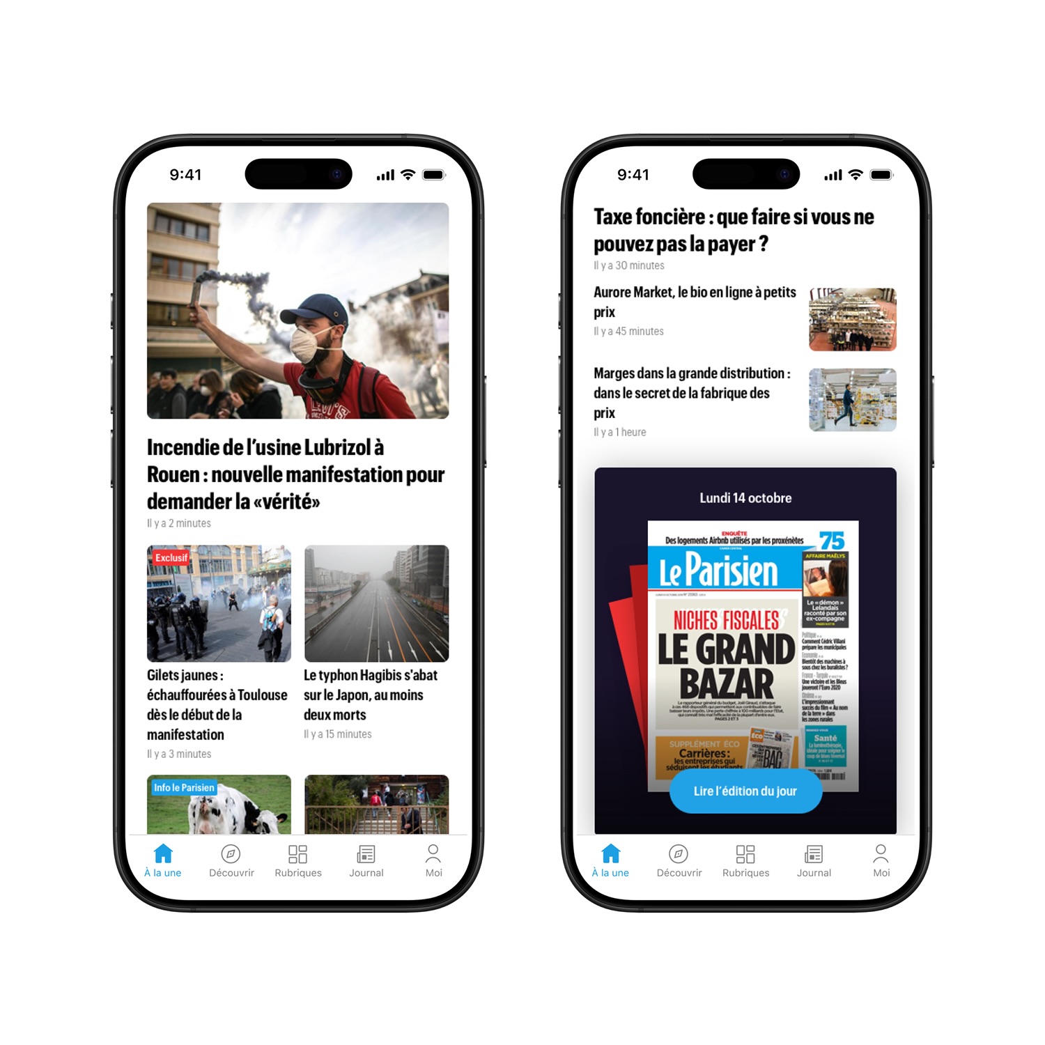 Two smartphones displaying a French news app with headlines and images about protests, typhoon Hagibis, real estate taxes, and a Le Parisien newspaper cover.