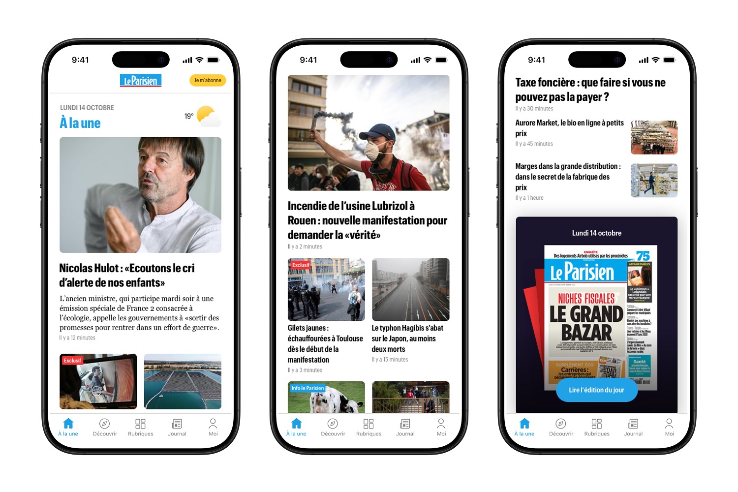 Three smartphone screens showing the Le Parisien news app with headlines about Nicolas Hulot, a factory fire protest, yellow vest clashes, typhoon Hagibis, and property tax advice.