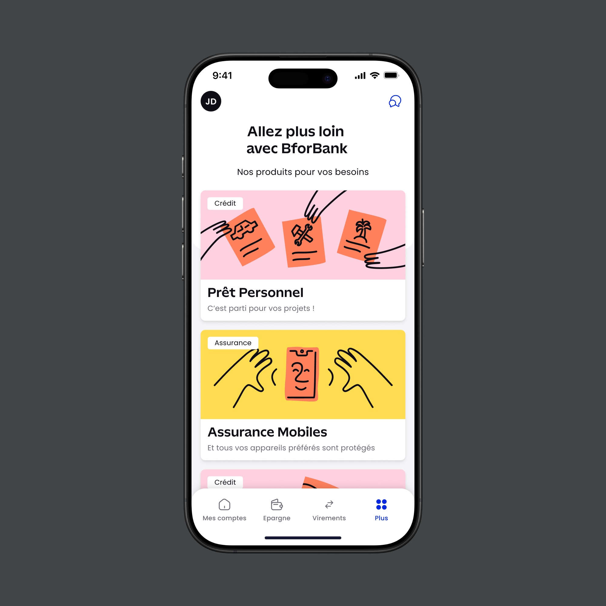 Smartphone screen showing BforBank app with product options for personal loans and mobile insurance.