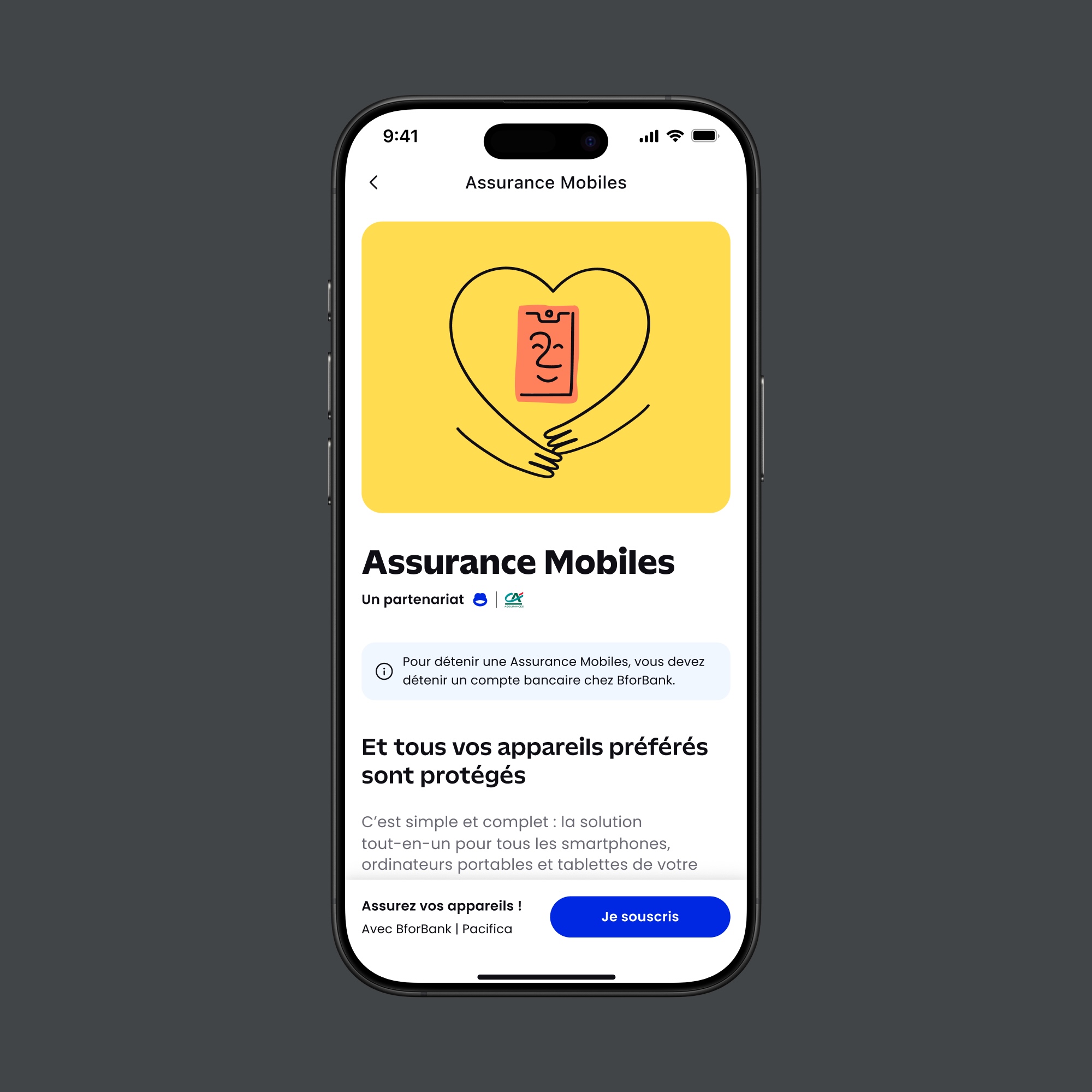 Smartphone screen displaying Assurance Mobiles insurance app with an illustration of hands hugging a smiling phone inside a heart on a yellow background.