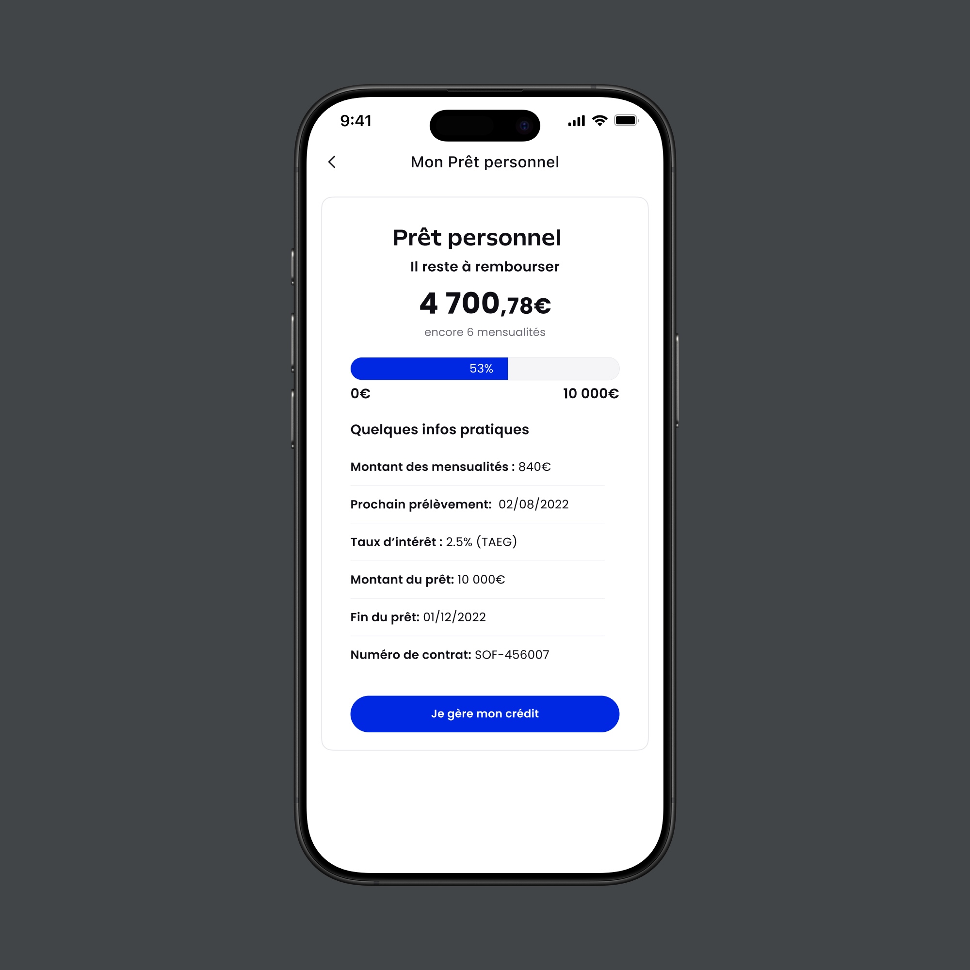 Mobile app screen showing personal loan details with 4,700.78 euros remaining to repay, six installments left, and loan info including monthly payment, interest rate, and contract number.