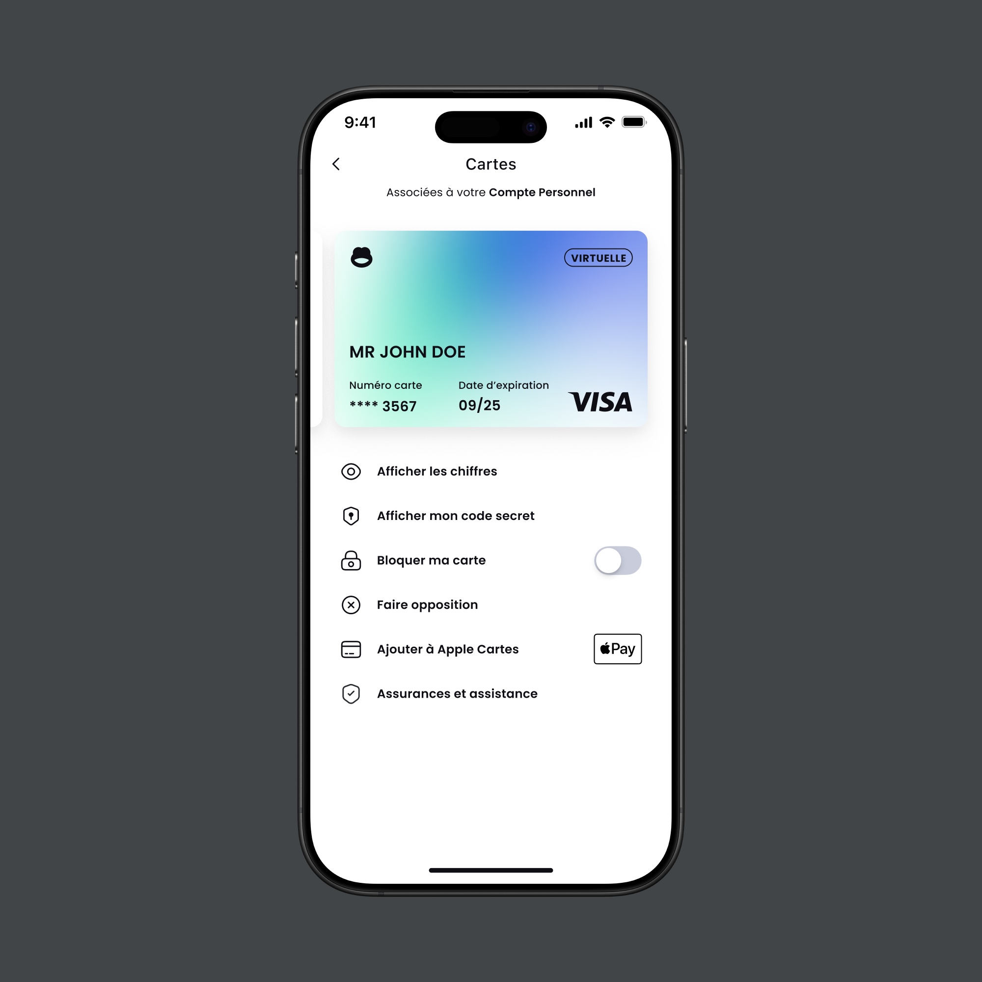 Mobile screen displaying a virtual Visa card for Mr. John Doe with card number ending 3567 and expiration date 09/25, plus options to view card numbers and secret code, lock the card, oppose, add to Apple Cards, and access insurance and assistance.