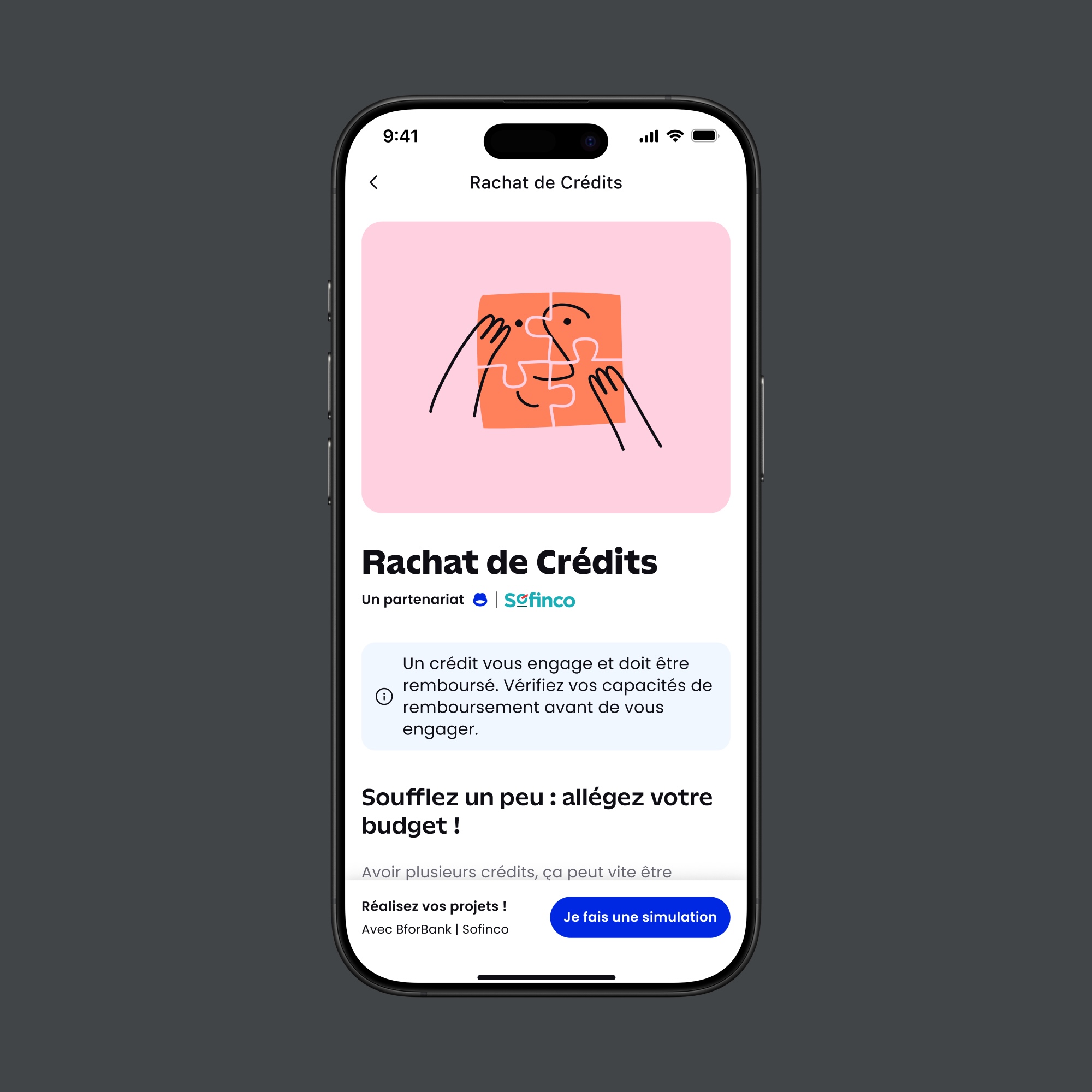 Smartphone screen displaying a credit consolidation app in French with a puzzle face illustration and a blue button labeled 'Je fais une simulation.'