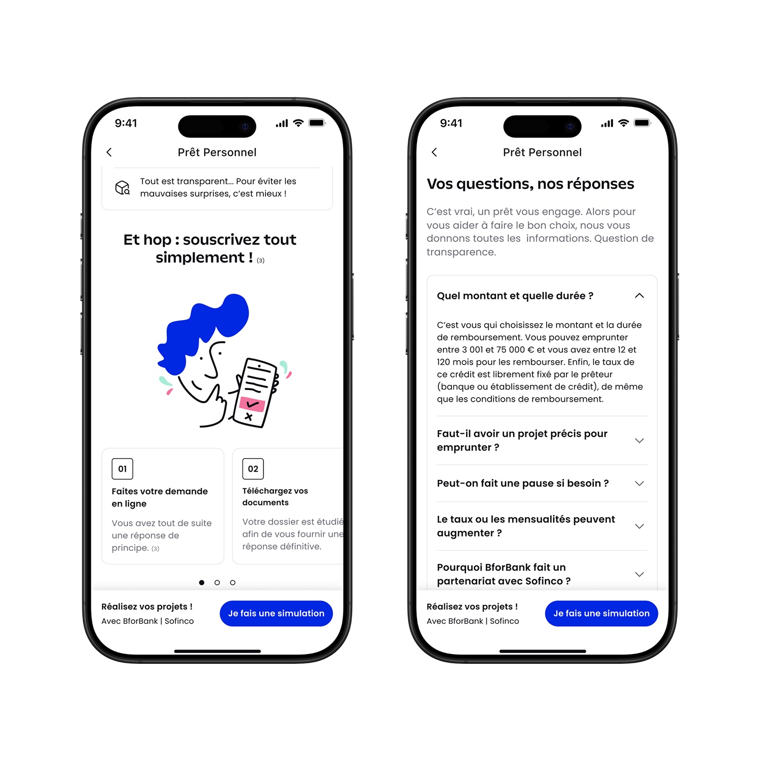 Two smartphone screens displaying a French personal loan app: the left screen shows simple subscription steps with an illustration of a person holding a phone, the right screen shows FAQs about loan terms and conditions.