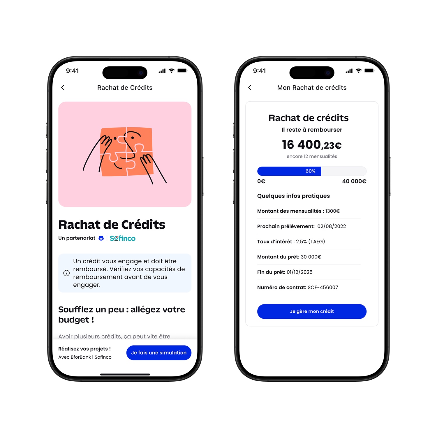 Two smartphone screens showing a French credit repayment app: left screen with a puzzle face illustration and credit advice, right screen displaying credit repayment details and progress bar.
