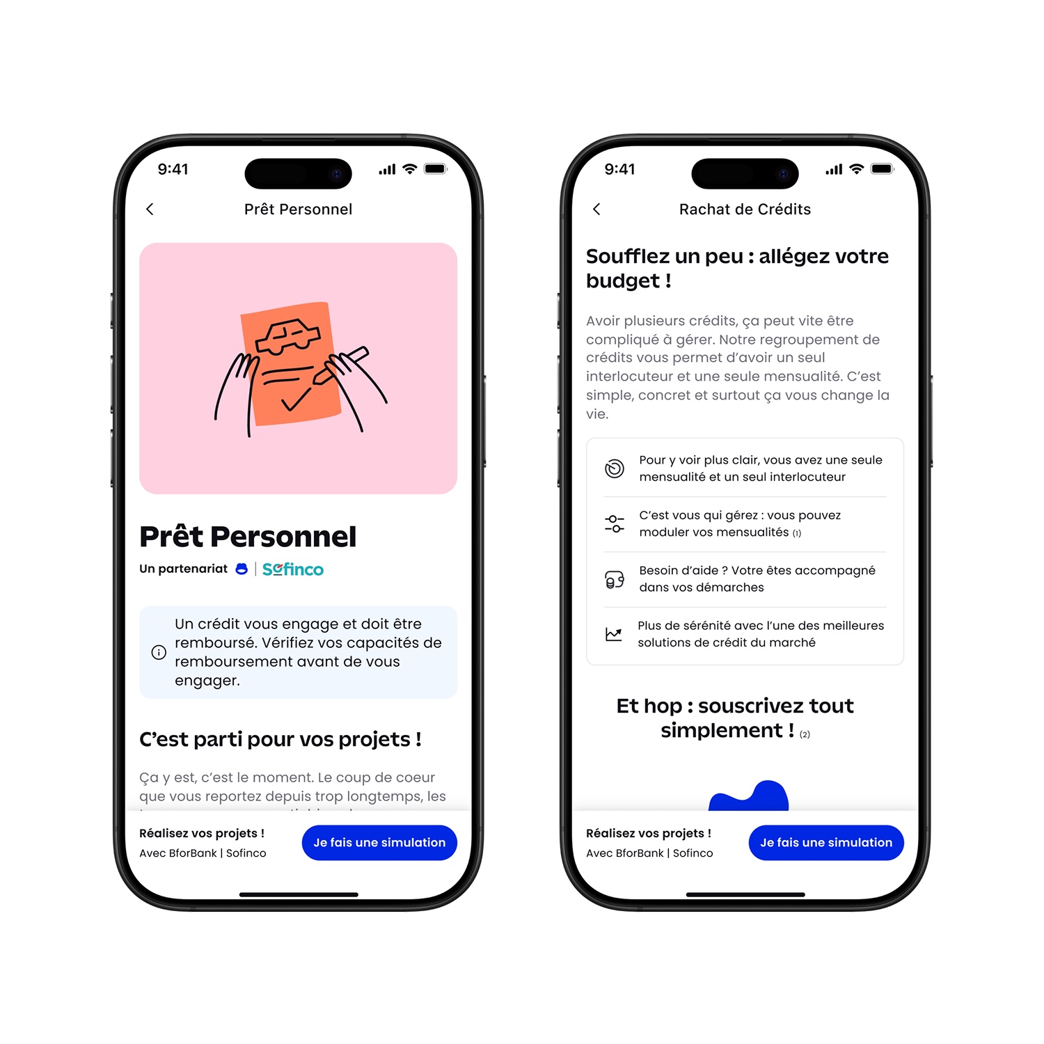 Two smartphones showing French loan app screens: personal loan details on left, credit consolidation benefits on right, with blue action buttons.