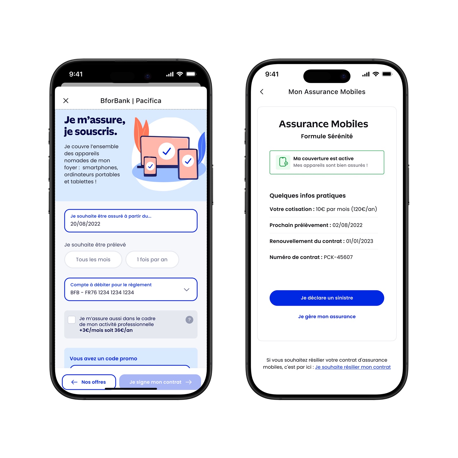 Two smartphones displaying mobile insurance app screens in French, showing subscription details on the left and insurance status and contract info on the right.