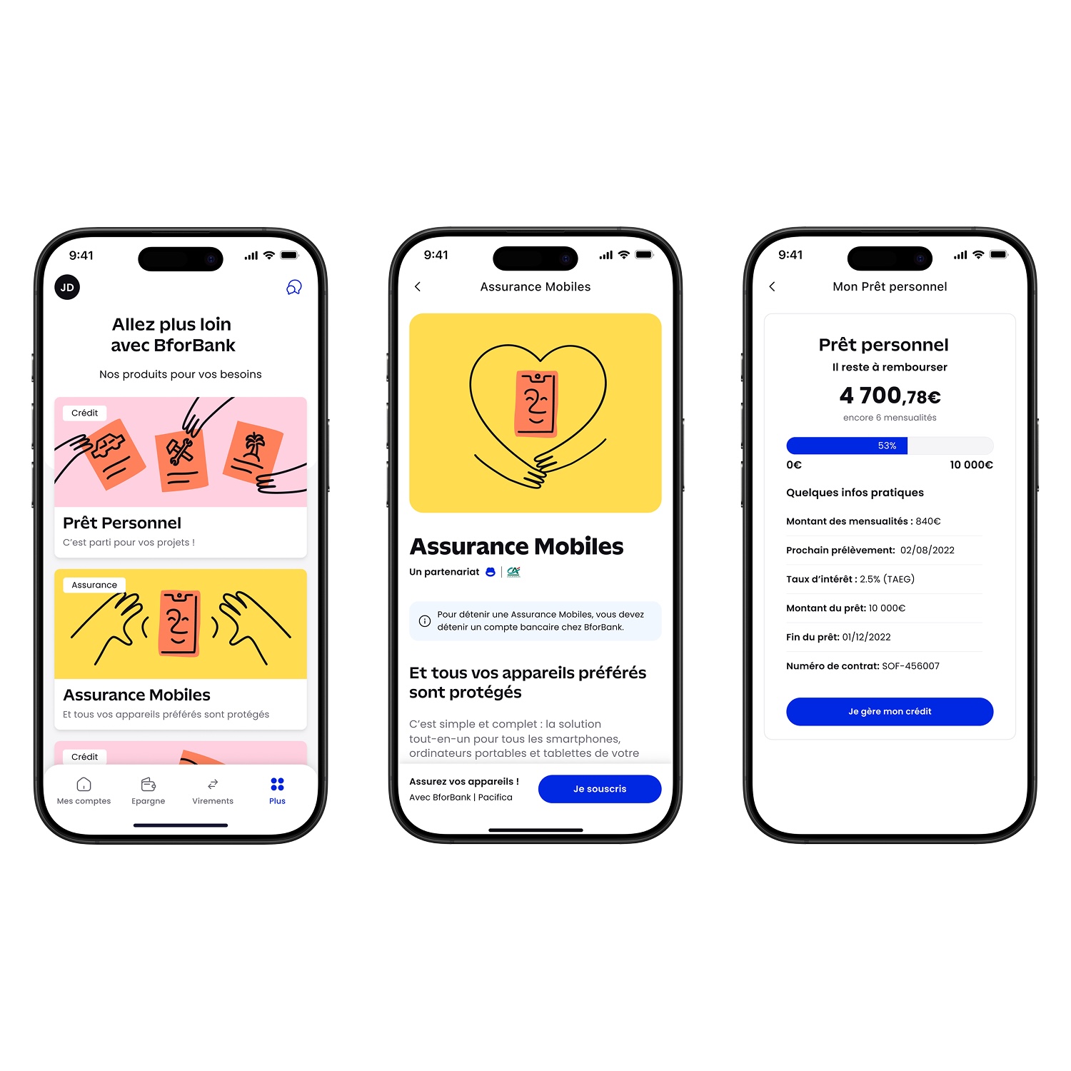 Three smartphones displaying BforBank app screens showing personal loan options, mobile insurance details, and personal loan repayment information.
