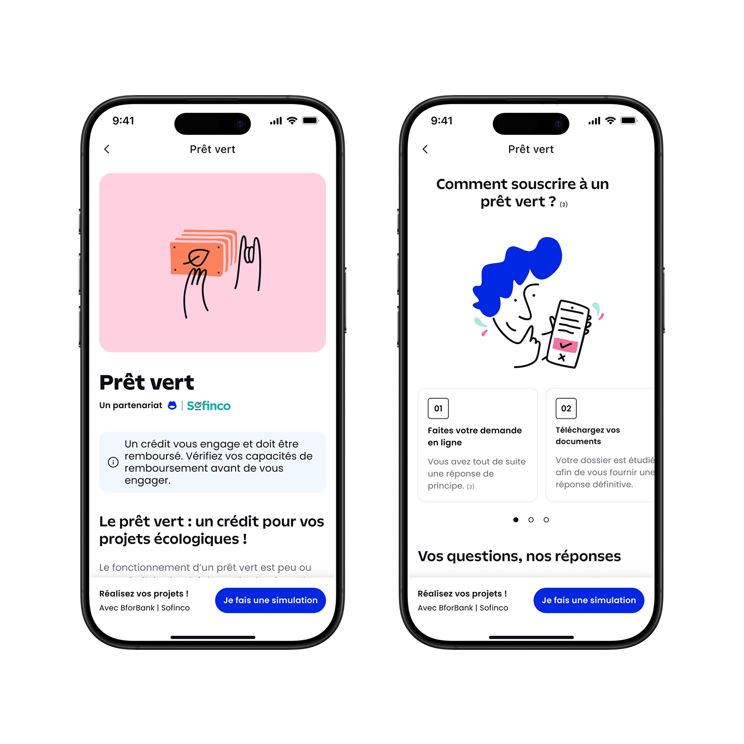 Two smartphone screens showing a green loan app in French; left screen has loan details and a simulation button, right screen explains loan subscription steps with illustrations.