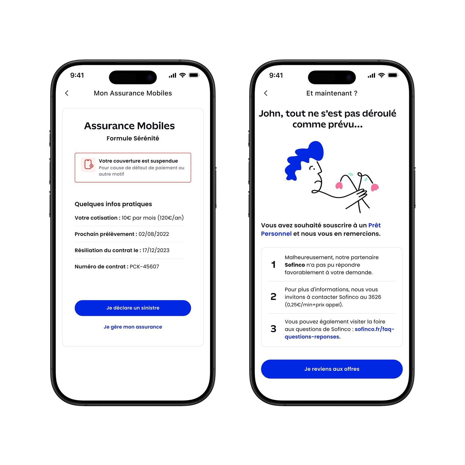 Two smartphone screens showing French insurance app: left screen suspends mobile insurance coverage with payment details; right screen explains loan application denial with contact info and a cartoon figure holding wilted flowers.
