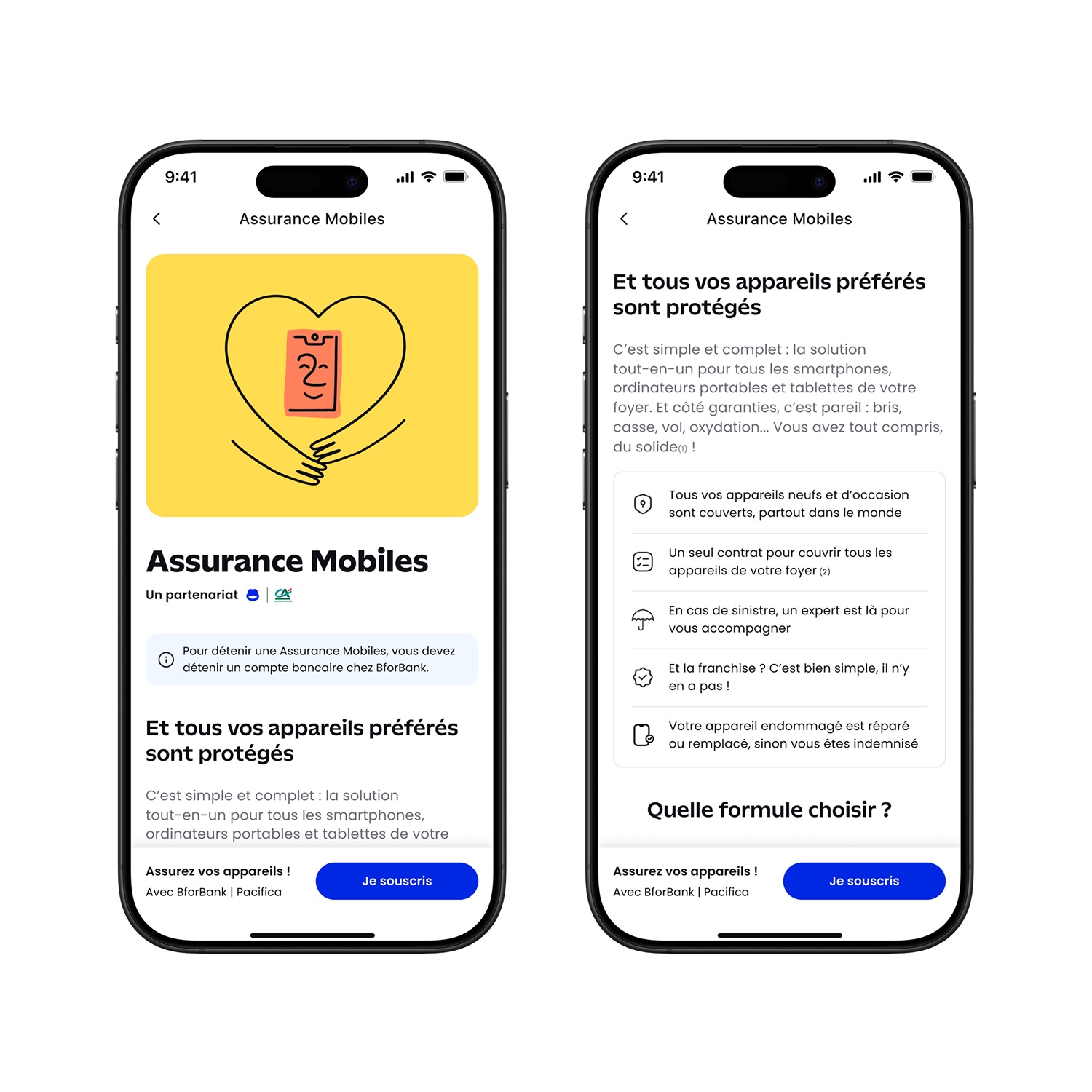 Two smartphone screens showing a mobile insurance app in French, with features and subscription button.