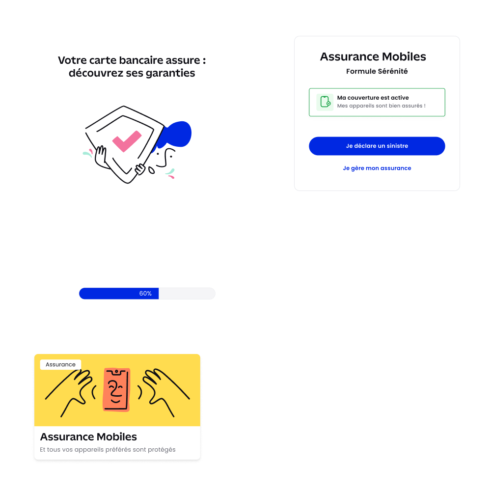Illustration with a person holding a shield displaying a pink checkmark, text about bank card guarantees, mobile insurance active coverage notification, a blue progress bar labeled 60% for 40,000€, and an insurance card featuring hands around a smartphone on a yellow background.